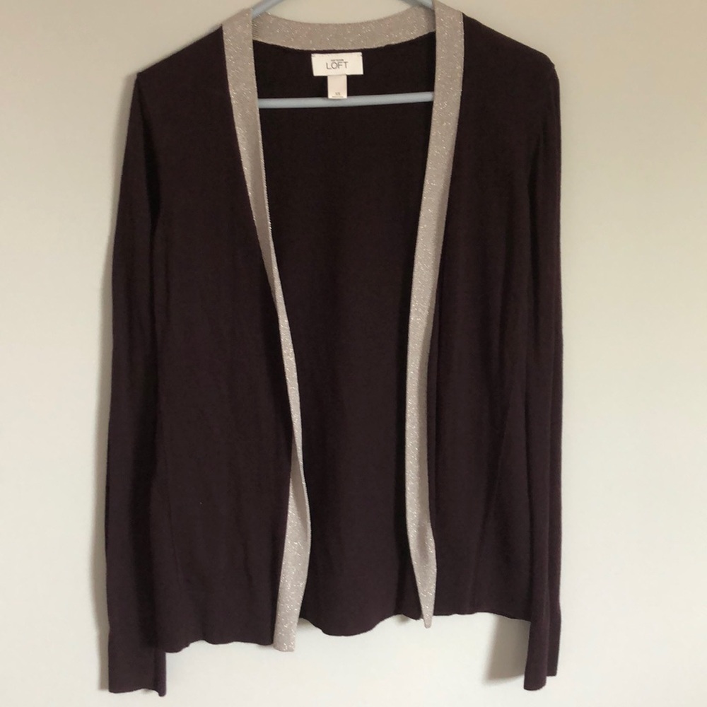 Loft dark eggplant cardigan with silver trim